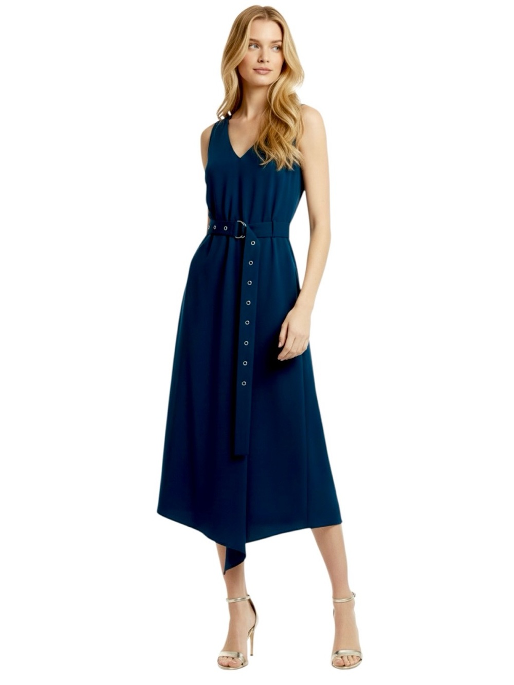 Tibi Drape Front Faux Wrap Twill Midi Dress Size XS / US 0 Navy Blue Sleeveless